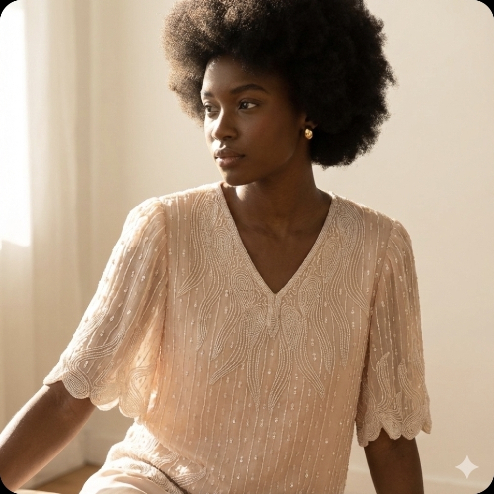 ​Vintage JUDITH ANN PLUS Hand-Beaded 100% Silk Blouse ✨